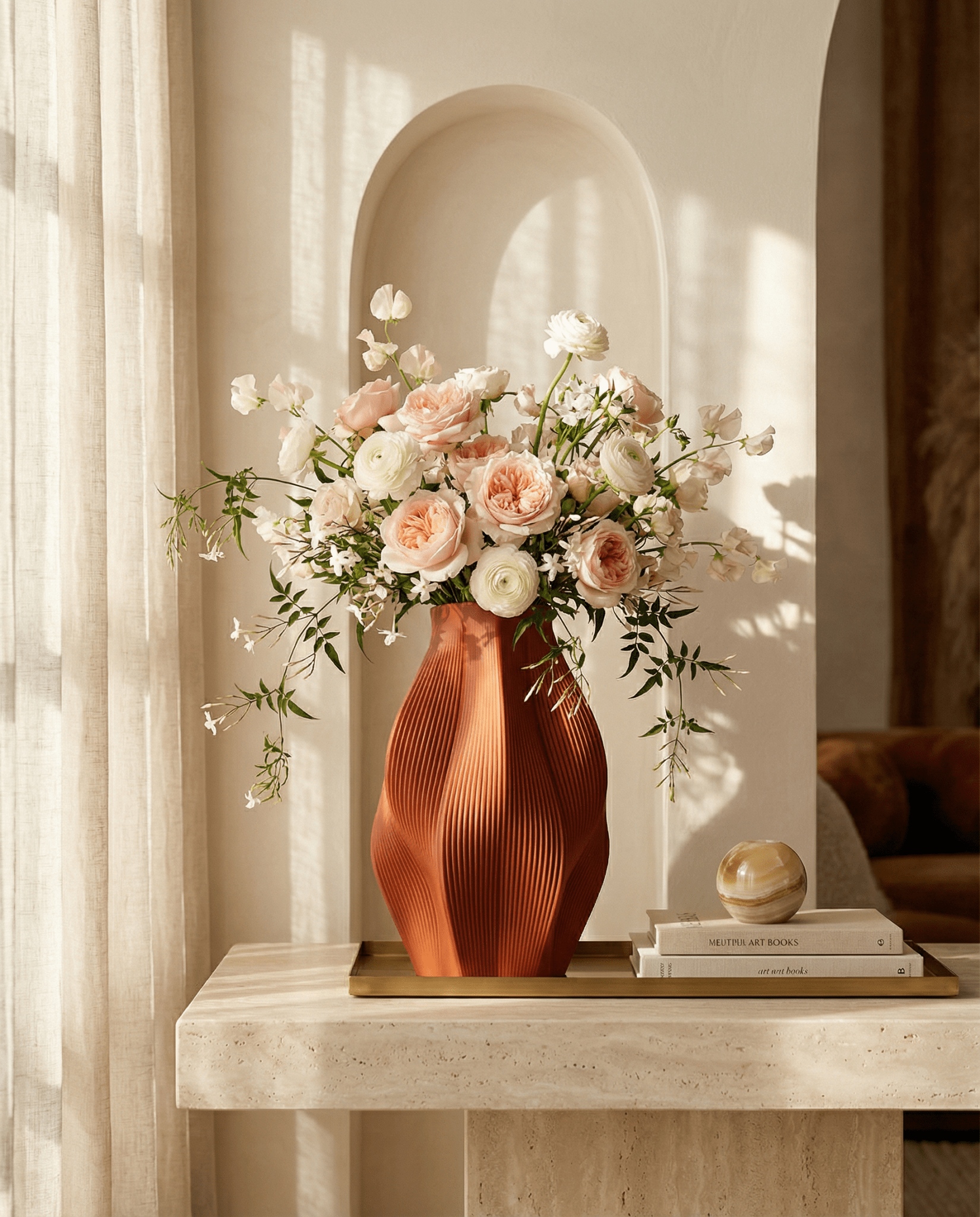 AMINI STRIA Vase in Terracotta — with peach roses and white flowers on a marble console with art books