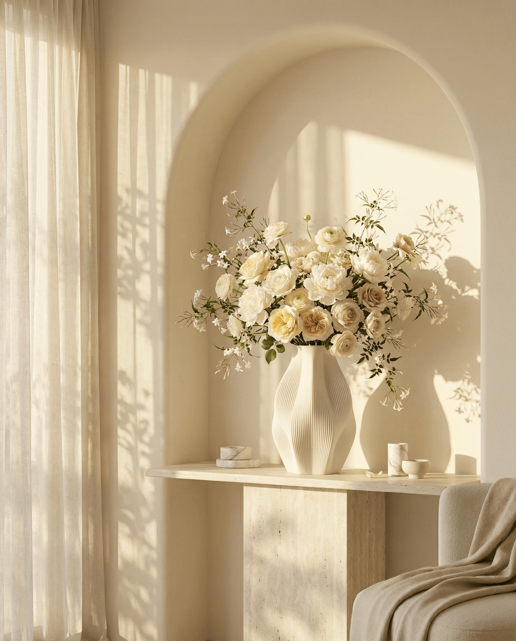 AMINI STRIA Vase in White — with white and cream roses in a sunlit arched niche, leaf shadows on wall
