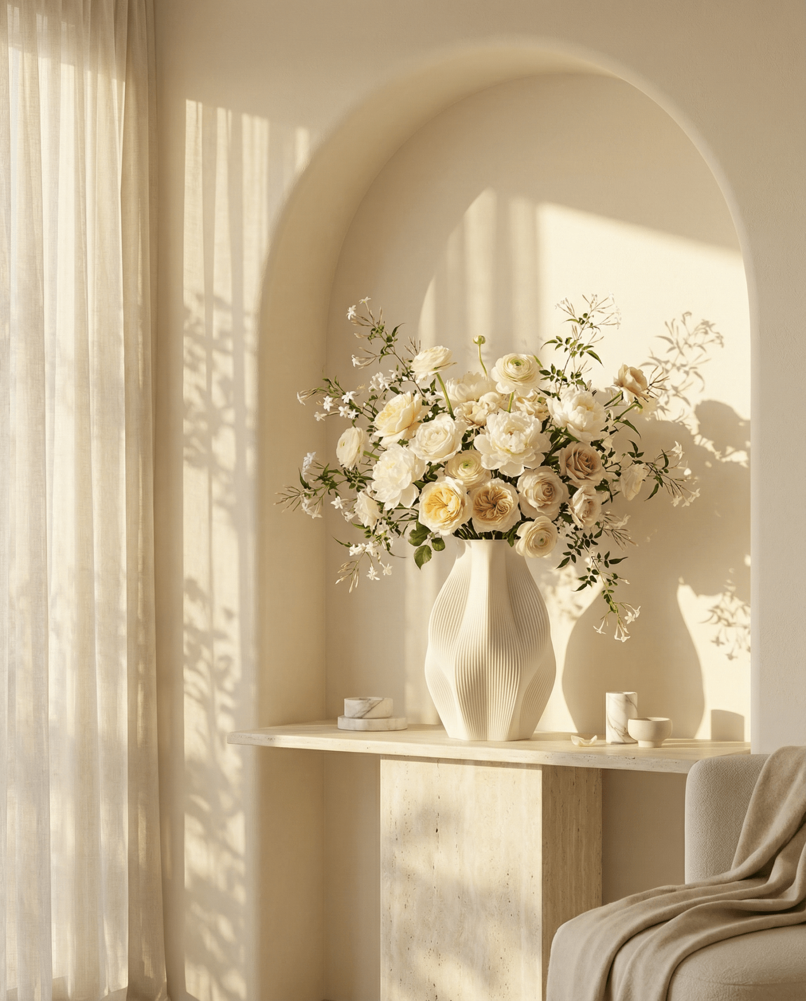 AMINI STRIA Vase in White — with white and cream roses in a sunlit arched niche, leaf shadows on wall