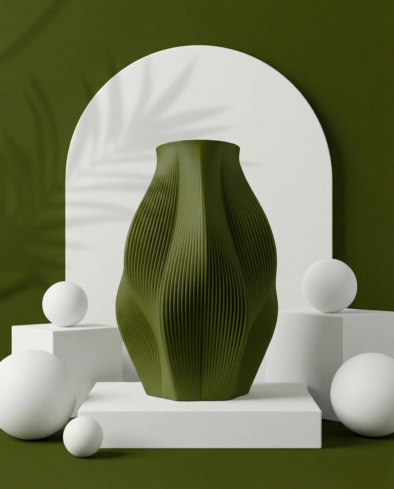 STRIA sculptural vase in olive with ribbed texture – AMINI